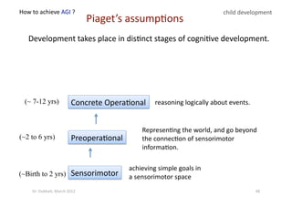 Development takes place in dis?nct stages of cogni?ve development. 
Sensorimotor (~Birth to 2 yrs)
achieving simple goals in 
a sensorimotor space 
Preopera?onal (~2 to 6 yrs)
Represen?ng the world, and go beyond  
the connec?on of sensorimotor 
informa?on. 
Concrete Opera?onal (~ 7-12 yrs) reasoning logically about events. 
child development 
Piaget’s assump?ons 
48 Dr. Oubba?, March 2012 
 