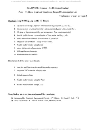 University Updates
B.Sc. II YEAR , Semester – IV: Electronics Practical
Paper - IV: Linear Integrated Circuits and Basics of Communication Lab
Total number of hours per week: 3
Practical :Using IC 741OpAmp and IC 555 Timer :
1. Op amp as inverting Amplifier- determination of gain (with AC and DC ).
2. Op amp as non- inverting Amplifier- determination of gain( with AC and DC ).
3. OP Amp as Summing amplifier and comparator( Zero crossing detector)
4. Astable multi-vibrator – determination of time period and duty cycle.
5. Mono stable multi-vibrator- determination of gate width.
6. Integrator/ Differentiator – study of wave forms.
7. Astable multi-vibrator using IC 555
8. Mono stable multi-vibrator using IC 555.
9. AM modulator and detector
10. FM modulator and detector
Simulation of all the above experiments:
1. Inverting and Non-inverting amplifiers and comparator
2. Integrator/ Differentiator using op amp
3. Wein bridge oscillator
4. Astable multi-vibrator using Op Amp
5. Astable multi-vibrator using IC 555
Note: Student has to perform minimum of Six experiments
1) Lab manual for Electronic Devices and Circuits – 4th
Edition. By David A Bell – PHI
2) Basic Electronics – A Text Lab Manual –Zbar, Malvino, Miller.
www.android.universityupdates.in | www.universityupdates.in | www.ios.universityupdates.in
www.android.universityupdates.in | www.universityupdates.in | www.ios.universityupdates.in
 