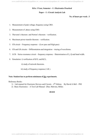 University Updates
B.Sc. I Year, Semester – I : Electronics Practical
Paper – I : Circuit Analysis Lab
No. of hours per week : 3
1. Measurement of peak voltage, frequency using CRO.
2. Measurement of phase using CRO.
3. Thevenin’s theorem and Norton’s theorem – verification.
4. Maximum power transfer theorem – verification.
5. CR circuit – Frequency response - (Low pass and High pass)
6. CR and LR circuits – Differentiation and integration – tracing of waveforms.
7. LCR – Series resonance circuit – frequency response – Determination of fo, Q and band width.
8. Simulation: i) verification of KVL and KCL.
ii) study of network theorems.
iii) study of frequency response ( LR ).
Note: Student has to perform minimum of Six experiments.
Reference Books:
1) Lab manual for Electronic Devices and Circuits – 4th
Edition. By David A Bell – PHI
2) Basic Electronics – A Text Lab Manual –Zbar, Malvino, Miller.
▲▲▲
www.android.universityupdates.in | www.universityupdates.in | www.ios.universityupdates.in
www.android.universityupdates.in | www.universityupdates.in | www.ios.universityupdates.in
 