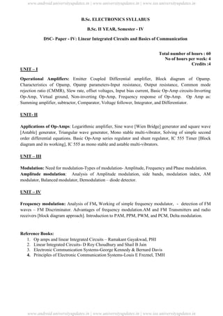 University Updates
B.Sc. ELECTRONICS SYLLABUS
B.Sc. II YEAR, Semester - IV
DSC- Paper - IV: Linear Integrated Circuits and Basics of Communication
Total number of hours : 60
No of hours per week: 4
Credits :4
UNIT – I
Operational Amplifiers: Emitter Coupled Differential amplifier, Block diagram of Opamp.
Characteristics of Opamp, Opamp parameters-Input resistance, Output resistance, Common mode
rejection ratio (CMMR), Slew rate, offset voltages, Input bias current, Basic Op-Amp circuits-Inverting
Op-Amp, Virtual ground, Non-inverting Op-Amp, Frequency response of Op-Amp. Op Amp as:
Summing amplifier, subtractor, Comparator, Voltage follower, Integrator, and Differentiator.
UNIT- II
Applications of Op-Amps: Logarithmic amplifier, Sine wave [Wien Bridge] generator and square wave
[Astable] generator, Triangular wave generator, Mono stable multi-vibrator, Solving of simple second
order differential equations. Basic Op-Amp series regulator and shunt regulator, IC 555 Timer [Block
diagram and its working], IC 555 as mono stable and astable multi-vibrators.
UNIT – III
Modulation: Need for modulation-Types of modulation- Amplitude, Frequency and Phase modulation.
Amplitude modulation: Analysis of Amplitude modulation, side bands, modulation index, AM
modulator, Balanced modulator, Demodulation – diode detector.
UNIT – IV
Frequency modulation: Analysis of FM, Working of simple frequency modulator, - detection of FM
waves – FM Discriminator. Advantages of frequency modulation.AM and FM Transmitters and radio
receivers [block diagram approach]. Introduction to PAM, PPM, PWM, and PCM, Delta modulation.
Reference Books:
1. Op amps and linear Integrated Circuits – Ramakant Gayakwad, PHI
2. Linear Integrated Circuits- D Roy Choudhury and Shail B Jain
3. Electronic Communication Systems-George Kennedy & Bernard Davis
4. Principles of Electronic Communication Systems-Louis E Freznel, TMH
www.android.universityupdates.in | www.universityupdates.in | www.ios.universityupdates.in
www.android.universityupdates.in | www.universityupdates.in | www.ios.universityupdates.in
 