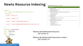 Copyright, The OpenNMS Group, Inc.
Newts Resource Indexing
{
"resource": {
"id": "snmp:2:eth0-e03f497c6cb0:mib2-X-interfaces",
"attributes": {
"_idx1": "(snmp, 4)",
"_idx2": "(snmp:2, 4)",
"_idx3": "(snmp:2:eth0-e03f497c6cb0, 4)",
"_idx4": "(snmp:2:eth0-e03f497c6cb0:mib2-X-interfaces, 4)",
}
},
"timestamp": 1412009776000,
"name": "ifHCInOctets",
"type": "COUNTER",
"value": 2342342394
}
Retrieve all interface level resources:
_idx1:(snmp, 4)
Retrieve all interface level resources on node 2:
_idx1:(snmp:2, 4)
 