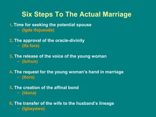 Six Steps To The Actual Marriage
1. Time for seeking the potential spouse
   – (Igda ifojusode)

2. The approval of the oracle-divinity
    – (Ifa fore)

3. The release of the voice of the young woman
    – (Isihun)

4. The request for the young woman’s hand in marriage
    – (Itoro)

5. The creation of the affinal bond
    – (Idana)

6. The transfer of the wife to the husband’s lineage
    – (Igbeyawo)
 