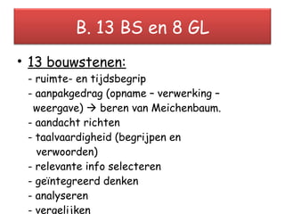13 bouwstenen: - ruimte- en tijdsbegrip - aanpakgedrag (opname – verwerking –  weergave)    beren van Meichenbaum. - aandacht richten - taalvaardigheid (begrijpen en  verwoorden) - relevante info selecteren - geïntegreerd denken - analyseren - vergelijken B. 13 BS en 8 GL 