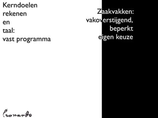 Kerndoelen
rekenen             Zaakvakken:
en               vakoverstijgend,
taal:                    beperkt
vast programma       eigen keuze
 