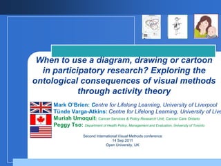 When to use a diagram, drawing or cartoon in participatory research? Exploring the ontological consequences of visual methods through activity theory Mark O’Brien: Centre for Lifelong Learning, University of Liverpool TündeVarga-Atkins:Centre for Lifelong Learning, University of Liverpool Muriah Umoquit: Cancer Services & Policy Research Unit, Cancer Care Ontario Peggy Tso:Department of Health Policy, Management and Evaluation, University of Toronto Johannes Wheeldon:Faculty of Criminal Justice, Heritage University Second International Visual Methods conference 14 Sep 2011 Open University, UK 