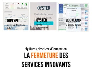 Le livre : cimetière d'innovation
LA Fermeture DES
SERVICES INNOVANTS
Hiptype,
service de données de
lecture
OYSTER,
service
d'abonnement
BOOKLAMP,
le génome du livre
 