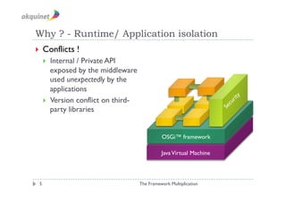 Why ? - Runtime/ Application isolation
  Conflicts   !
       Internal / Private API
        exposed by the middleware
        used unexpectedly by the
        applications
       Version conflict on third-
        party libraries


                                               OSGi™ framework

                                               Java Virtual Machine



 5                                   The Framework Multiplication
 