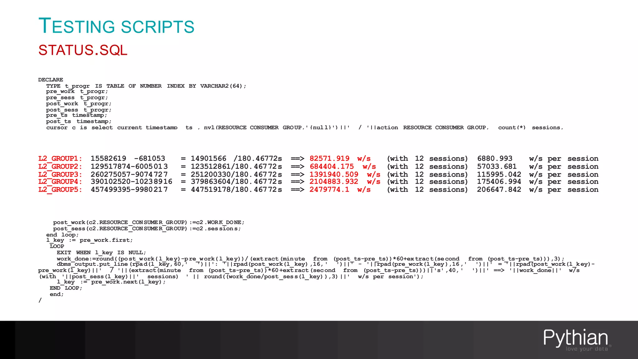 TESTING SCRIPTS
STATUS.SQL
DECLARE
TYPE t_progr IS TABLE OF NUMBER INDEX BY VARCHAR2(64);
pre_work t_progr;
pre_sess t_progr;
post_work t_progr;
post_sess t_progr;
pre_ts timestamp;
post_ts timestamp;
cursor c is select current_timestamp ts , nvl(RESOURCE_CONSUMER_GROUP,'{null}')||' / '||action RESOURCE_CONSUMER_GROUP, count(*) sessions,
sum(ss.value) WORK_DONE from v$session s, v$sesstat ss where s.username like 'USER%' and s.sid=ss.sid and ss.statistic#=(select statistic# from
v$statname where name='consistent gets') group by current_timestamp, nvl(RESOURCE_CONSUMER_GROUP,'{null}')||' / '||action order by 2;
c1 c%rowtype;
c2 c%rowtype;
l_key varchar2(100);
work_done number;
begin
for c1 in c loop
pre_ts:=c1.ts;
pre_work(c1.RESOURCE_CONSUMER_GROUP):=c1.WORK_DONE;
pre_sess(c1.RESOURCE_CONSUMER_GROUP):=c1.sessions;
end loop;
dbms_lock.sleep(30);
for c2 in c loop
post_ts:=c2.ts;
post_work(c2.RESOURCE_CONSUMER_GROUP):=c2.WORK_DONE;
post_sess(c2.RESOURCE_CONSUMER_GROUP):=c2.sessions;
end loop;
l_key := pre_work.first;
LOOP
EXIT WHEN l_key IS NULL;
work_done:=round((post_work(l_key)-pre_work(l_key))/(extract(minute from (post_ts-pre_ts))*60+extract(second from (post_ts-pre_ts))),3);
dbms_output.put_line(rpad(l_key,60,' ')||': '||rpad(post_work(l_key),16,' ')||' - '||rpad(pre_work(l_key),16,' ')||' = '||rpad(post_work(l_key)-
pre_work(l_key)||' / '||(extract(minute from (post_ts-pre_ts))*60+extract(second from (post_ts-pre_ts)))||'s',40,' ')||' ==> '||work_done||' w/s
(with '||post_sess(l_key)||' sessions) ' || round((work_done/post_sess(l_key)),3)||' w/s per session');
l_key := pre_work.next(l_key);
END LOOP;
end;
/
L2_GROUP1: 15582619 -681053 = 14901566 /180.46772s ==> 82571.919 w/s (with 12 sessions) 6880.993 w/s per session
L2_GROUP2: 129517874-6005013 = 123512861/180.46772s ==> 684404.175 w/s (with 12 sessions) 57033.681 w/s per session
L2_GROUP3: 260275057-9074727 = 251200330/180.46772s ==> 1391940.509 w/s (with 12 sessions) 115995.042 w/s per session
L2_GROUP4: 390102520-10238916 = 379863604/180.46772s ==> 2104883.932 w/s (with 12 sessions) 175406.994 w/s per session
L2_GROUP5: 457499395-9980217 = 447519178/180.46772s ==> 2479774.1 w/s (with 12 sessions) 206647.842 w/s per session
 