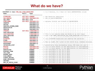 © 2012 Pythian
What do we have?
19
SYS@TEST:1> desc DBA_SQL_PLAN_BASELINES –- 11.2 version, 11.1 does not have «REPRODUCED» column
Name Null? Type
----------------------- -------- ----------------
SIGNATURE NOT NULL NUMBER -– SQL Baseline identifier
SQL_HANDLE NOT NULL VARCHAR2(30) -– dec_to_hex(SIGNATURE)
SQL_TEXT NOT NULL CLOB
PLAN_NAME NOT NULL VARCHAR2(30) –- «plans» (hints) are stored in SQLOBJ$DATA
CREATOR VARCHAR2(30)
ORIGIN VARCHAR2(14)
PARSING_SCHEMA_NAME VARCHAR2(30)
DESCRIPTION VARCHAR2(500)
VERSION VARCHAR2(64)
CREATED NOT NULL TIMESTAMP(6)
LAST_MODIFIED TIMESTAMP(6)
LAST_EXECUTED TIMESTAMP(6) –- This is not exactly what we think it is (6.5 days)
LAST_VERIFIED TIMESTAMP(6) –- Last time DBMS_SPM.EVOLVE_SQL_PLAN_BASELINE verified it
ENABLED VARCHAR2(3)
ACCEPTED VARCHAR2(3) -- only ACCEPTED baselines are used by the optimizer
FIXED VARCHAR2(3)
REPRODUCED VARCHAR2(3) -- New in 11gR2. NO = plan is not valid (e.g. indexes missing)
AUTOPURGE VARCHAR2(3)
OPTIMIZER_COST NUMBER -- potentially very misleading value, CBO does not use it
MODULE VARCHAR2(64) -- it’s so much easier if the application is instrumented
ACTION VARCHAR2(64) -- it’s so much easier if the application is instrumented
EXECUTIONS NUMBER -- not available or not up to date
ELAPSED_TIME NUMBER -- not available or not up to date
CPU_TIME NUMBER -- not available or not up to date
BUFFER_GETS NUMBER -- not available or not up to date
DISK_READS NUMBER -- not available or not up to date
DIRECT_WRITES NUMBER -- not available or not up to date
ROWS_PROCESSED NUMBER -- not available or not up to date
FETCHES NUMBER -- not available or not up to date
END_OF_FETCH_COUNT NUMBER -- not available or not up to date
 