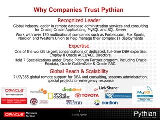 © 2012 Pythian
Why Companies Trust Pythian
Recognized Leader
Global industry-leader in remote database administration services and consulting
for Oracle, Oracle Applications, MySQL and SQL Server
Work with over 150 multinational companies such as Forbes.com, Fox Sports,
Nordion and Western Union to help manage their complex IT deployments
Expertise
One of the world’s largest concentrations of dedicated, full-time DBA expertise.
Employ 8 Oracle ACEs/ACE Directors.
Hold 7 Specializations under Oracle Platinum Partner program, including Oracle
Exadata, Oracle GoldenGate & Oracle RAC.
Global Reach & Scalability
24/7/365 global remote support for DBA and consulting, systems administration,
special projects or emergency response
3
 