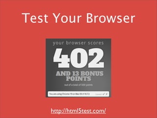 Test Your Browser




    http://html5test.com/
 