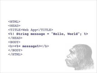 <HTML>
<HEAD>
<TITLE>Web App</TITLE>
<%! String message = "Hello, World"; %>
</HEAD>
<BODY>
<b><%= message%></b>
</BODY>
</HTML>
 