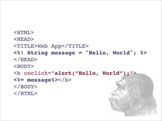 <HTML>
<HEAD>
<TITLE>Web App</TITLE>
<%! String message = "Hello, World"; %>
</HEAD>
<BODY>
<b onclick=”alert(“Hello, World”);”>
<%= message%></b>
</BODY>
</HTML>
 