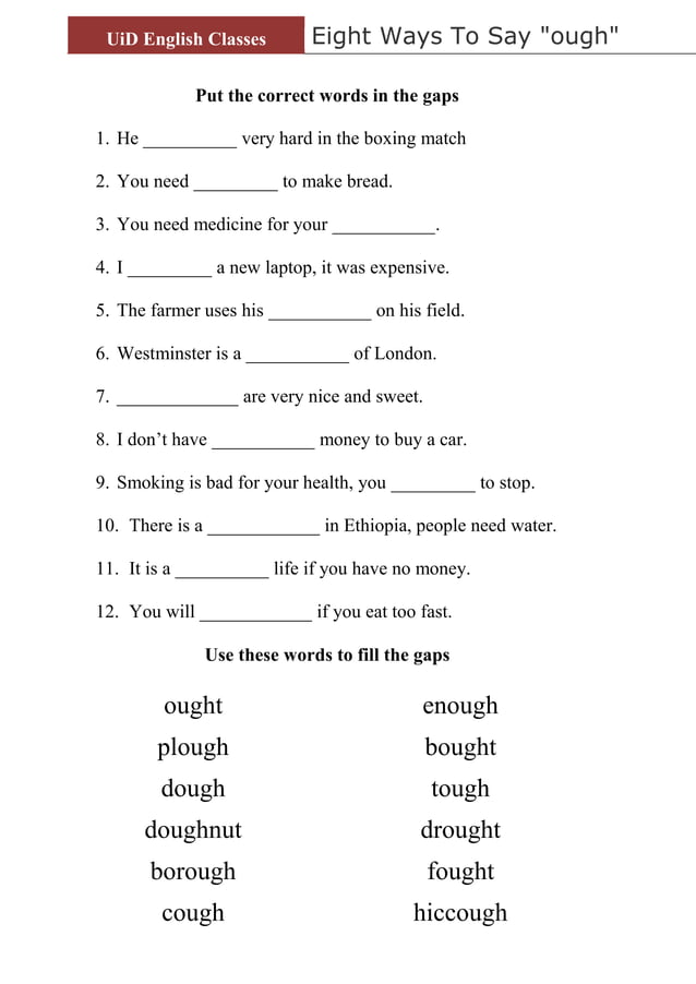 8 ways to say 'ough' worksheets