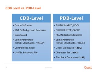 Confidential12
CDB Level vs. PDB-Level
CDB-Level
• Oracle Software
• SGA & Background Processes
• Data Guard
• Some Parameters
(IsPDB_Modifiable= 'FALSE')
• Control Files, Redo
• (S)Pfile, Password File
PDB-Level
• FLUSH SHARED_POOL
• FLUSH BUFFER_CACHE
• RMAN Backups/Restores
• Some Parameters
(IsPDB_Modifiable= 'TRUE')
• Undo Tablespace (12cR2)
• Character Set (12cR2)
• Flashback Database (12cR2)
 