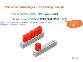 Confidential15
Multitenant Advantages - Fast Cloning (Cont’d)
 Clone PDB from another PDB in remote CDB
 Requires source PDB to be OPEN READ ONLY (12cR1)
Hot Clone is
available in
12cR2
s
 