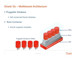 Confidential9
 Pluggable Database
 Self-contained Oracle database
 Root Container
 Oracle-supplied metadata
Oracle 12c – Multitenant Architecture
 