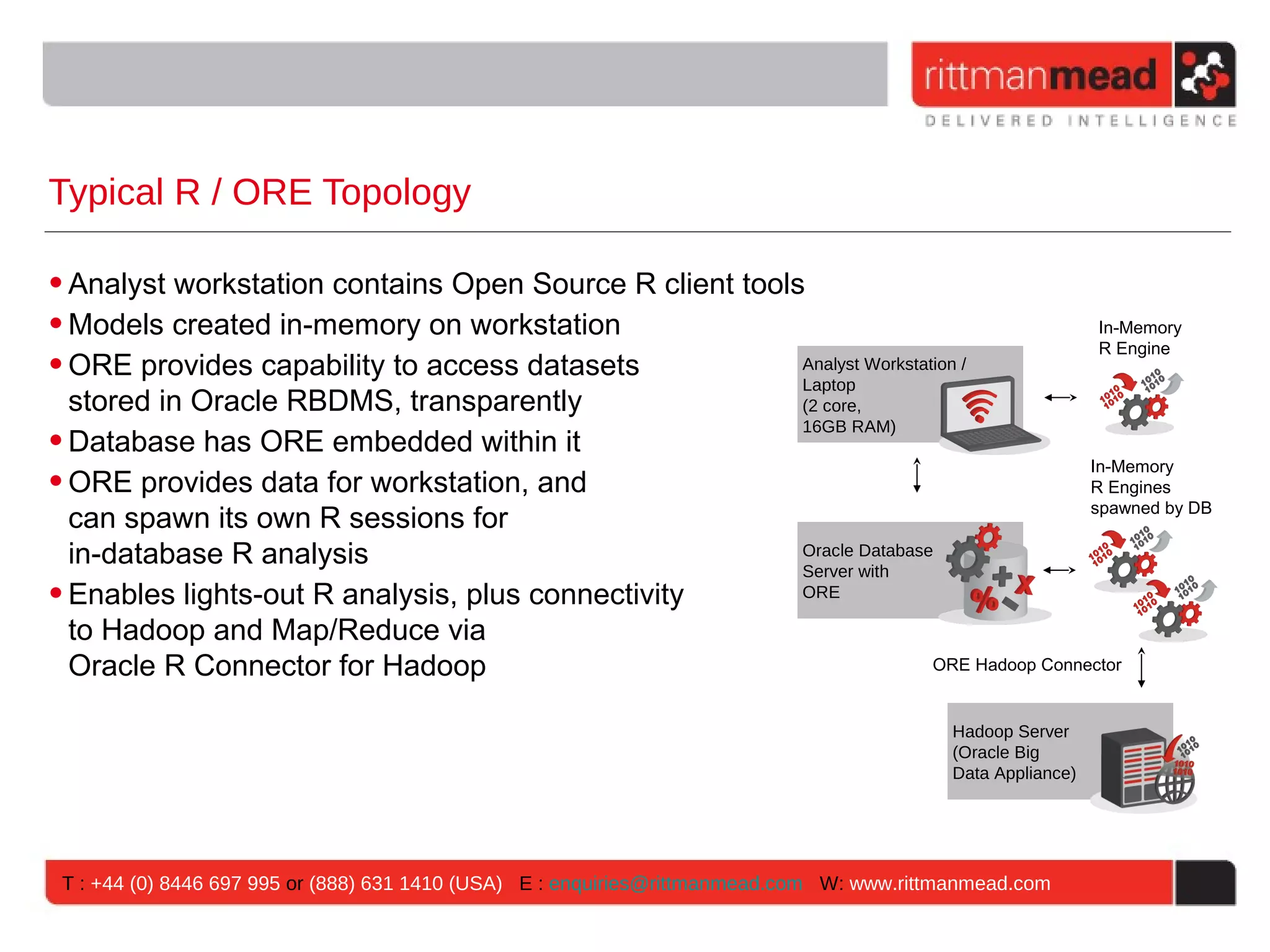 Typical R / ORE Topology • Analyst workstation contains Open Source R client tools • Models created in-memory on workstation In-Memory R Engine • ORE provides capability to access datasets Analyst Workstation / Laptop stored in Oracle RBDMS, transparently (2 core, 16GB RAM) • Database has ORE embedded within it In-Memory • ORE provides data for workstation, and R Engines spawned by DB can spawn its own R sessions for in-database R analysis Oracle Database Server with • Enables lights-out R analysis, plus connectivity ORE to Hadoop and Map/Reduce via Oracle R Connector for Hadoop ORE Hadoop Connector Hadoop Server (Oracle Big Data Appliance) T : +44 (0) 8446 697 995 or (888) 631 1410 (USA) E : enquiries@rittmanmead.com W: www.rittmanmead.com 