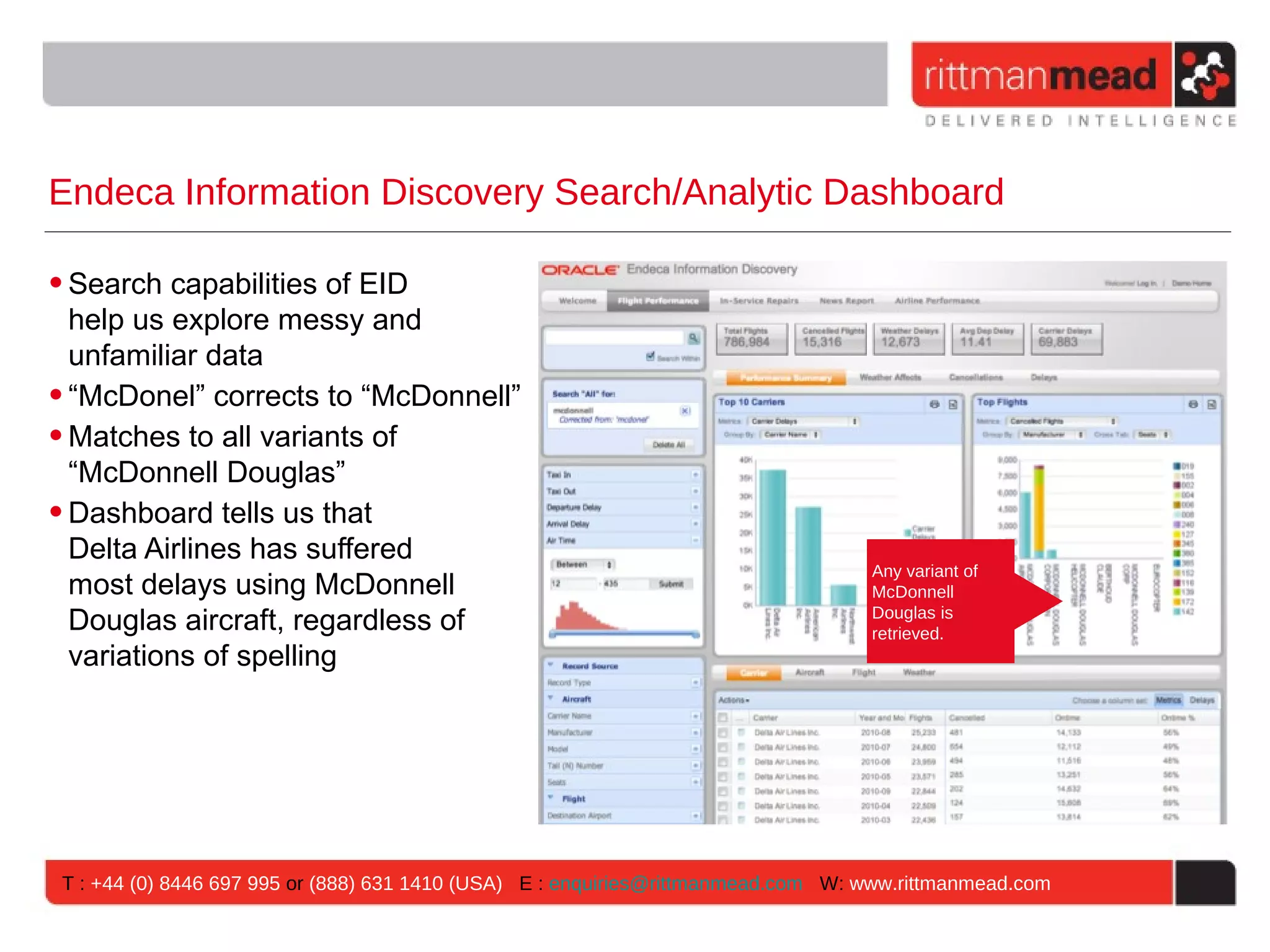 Endeca Information Discovery Search/Analytic Dashboard • Search capabilities of EID help us explore messy and unfamiliar data • “McDonel” corrects to “McDonnell” • Matches to all variants of “McDonnell Douglas” • Dashboard tells us that Delta Airlines has suffered Any variant of most delays using McDonnell McDonnell Douglas is Douglas aircraft, regardless of retrieved. variations of spelling T : +44 (0) 8446 697 995 or (888) 631 1410 (USA) E : enquiries@rittmanmead.com W: www.rittmanmead.com 
