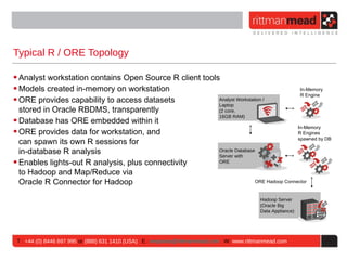 Typical R / ORE Topology

• Analyst workstation contains Open Source R client tools
• Models created in-memory on workstation                                                 In-Memory
                                                                                          R Engine
• ORE provides capability to access datasets             Analyst Workstation /
                                                         Laptop
  stored in Oracle RBDMS, transparently                  (2 core,
                                                         16GB RAM)
• Database has ORE embedded within it
                                                                                         In-Memory
• ORE provides data for workstation, and                                                 R Engines
                                                                                         spawned by DB
  can spawn its own R sessions for
  in-database R analysis                                 Oracle Database
                                                         Server with
• Enables lights-out R analysis, plus connectivity       ORE

  to Hadoop and Map/Reduce via
  Oracle R Connector for Hadoop                                          ORE Hadoop Connector


                                                                                           Hadoop Server
                                                                                           (Oracle Big
                                                                                           Data Appliance)




 T : +44 (0) 8446 697 995 or (888) 631 1410 (USA) E : enquiries@rittmanmead.com W: www.rittmanmead.com
 