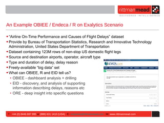 An Example OBIEE / Endeca / R on Exalytics Scenario

• “Airline On-Time Performance and Causes of Flight Delays” dataset
• Provide by Bureau of Transportation Statistics, Research and Innovative Technology
  Administration, United States Department of Transportation
• Dataset containing 123M rows of non-stop US domestic flight legs
• Source and destination airports, operator, aircraft type
• Type and duration of delay, delay reason
• Freely-available “big data” set
• What can OBIEE, R and EID tell us?
   ‣ OBIEE - dashboard analysis + drilling
   ‣ EID - discovery, and analysis of supporting
     information describing delays, reasons etc
   ‣ ORE - deep insight into specific questions




 T : +44 (0) 8446 697 995 or (888) 631 1410 (USA) E : enquiries@rittmanmead.com W: www.rittmanmead.com
 