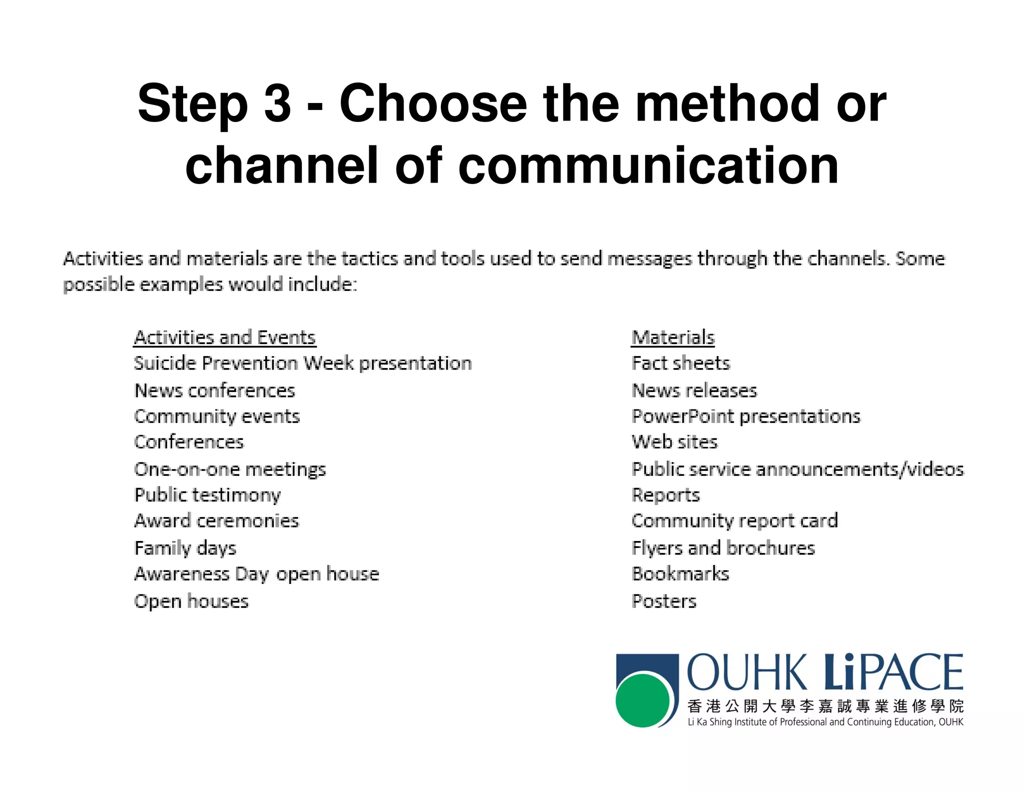Step 3 - Choose the method or
  channel of communication
 