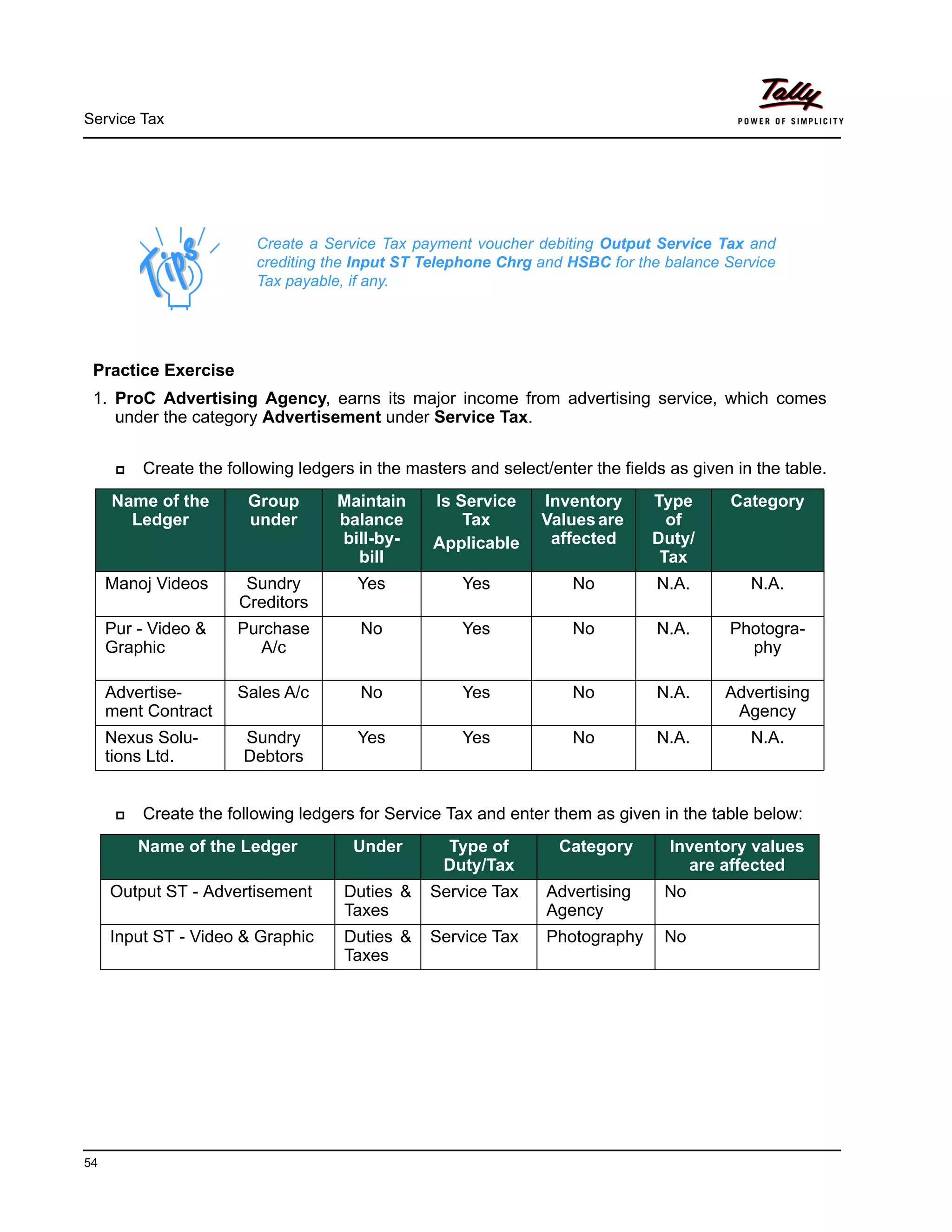 Service Tax
54
Practice Exercise
1. ProC Advertising Agency, earns its major income from advertising service, which comes
under the category Advertisement under Service Tax.
Create the following ledgers in the masters and select/enter the fields as given in the table.
Create the following ledgers for Service Tax and enter them as given in the table below:
Create a Service Tax payment voucher debiting Output Service Tax and
crediting the Input ST Telephone Chrg and HSBC for the balance Service
Tax payable, if any.
Name of the
Ledger
Group
under
Maintain
balance
bill-by-
bill
Is Service
Tax
Applicable
Inventory
Valuesare
affected
Type
of
Duty/
Tax
Category
Manoj Videos Sundry
Creditors
Yes Yes No N.A. N.A.
Pur - Video &
Graphic
Purchase
A/c
No Yes No N.A. Photogra-
phy
Advertise-
ment Contract
Sales A/c No Yes No N.A. Advertising
Agency
Nexus Solu-
tions Ltd.
Sundry
Debtors
Yes Yes No N.A. N.A.
Name of the Ledger Under Type of
Duty/Tax
Category Inventory values
are affected
Output ST - Advertisement Duties &
Taxes
Service Tax Advertising
Agency
No
Input ST - Video & Graphic Duties &
Taxes
Service Tax Photography No
 