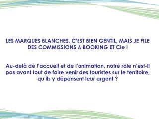 LES MARQUES BLANCHES, C’EST BIEN GENTIL, MAIS JE FILE DES COMMISSIONS A BOOKING ET Cie ! Au-delà de l’accueil et de l’animation, notre rôle n’est-il pas avant tout de faire venir des touristes sur le territoire, qu’ils y dépensent leur argent ? 
