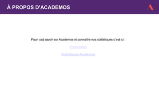 À PROPOS D’ACADEMOS
Pour tout savoir sur Academos et connaître nos statistiques c’est ici :
Présentation
Statistiques Academos
 