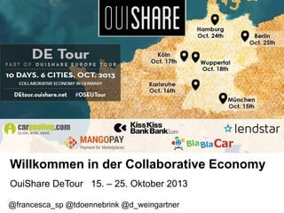 Willkommen in der Collaborative Economy
OuiShare DeTour 15. – 25. Oktober 2013
@francesca_sp @tdoennebrink @d_weingartner

 