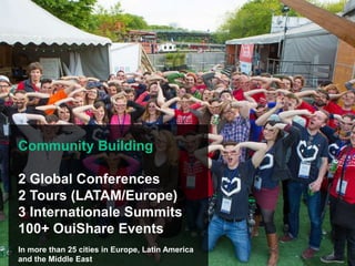 Community Building
2 Global Conferences
2 Tours (LATAM/Europe)
3 Internationale Summits
100+ OuiShare Events
In more than 25 cities in Europe, Latin America
and the Middle East
 