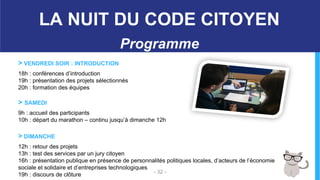 > VENDREDI SOIR : INTRODUCTION
18h : conférences d’introduction
19h : présentation des projets sélectionnés
20h : formation des équipes
> SAMEDI
9h : accueil des participants
10h : départ du marathon – continu jusqu’à dimanche 12h
> DIMANCHE
12h : retour des projets
13h : test des services par un jury citoyen
16h : présentation publique en présence de personnalités politiques locales, d’acteurs de l’économie
sociale et solidaire et d’entreprises technologiques
19h : discours de clôture - 32 -
LA NUIT DU CODE CITOYEN
Programme
 