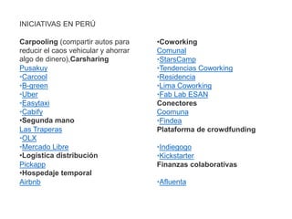 INICIATIVAS EN PERÚ
Carpooling (compartir autos para
reducir el caos vehicular y ahorrar
algo de dinero),Carsharing
Pusakuy
•Carcool
•B-green
•Uber
•Easytaxi
•Cabify
•Segunda mano
Las Traperas
•OLX
•Mercado Libre
•Logística distribución
Pickapp
•Hospedaje temporal
Airbnb
•Coworking
Comunal
•StarsCamp
•Tendencias Coworking
•Residencia
•Lima Coworking
•Fab Lab ESAN
Conectores
Coomuna
•Findea
Plataforma de crowdfunding
•Indiegogo
•Kickstarter
Finanzas colaborativas
•Afluenta
 