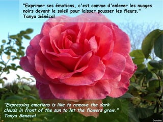 "Exprimer ses émotions, c'est comme d'enlever les nuages
            noirs devant le soleil pour laisser pousser les fleurs."
            Tanya Sénécal




"Expressing emotions is like to remove the dark
clouds in front of the sun to let the flowers grow."
Tanya Senecal
Janvier 2012          Ouistitis - http://lhumeurdesouistitis.blogspot.com/   10
 