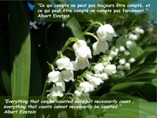 "Ce qui compte ne peut pas toujours être compté, et
                   ce qui peut être compté ne compte pas forcément."
                   Albert Einstein




“Everything that can be counted does not necessarily count ;
everything that counts cannot necessarily be counted.”
Albert Einstein
Janvier 2012         Ouistitis - http://lhumeurdesouistitis.blogspot.com/   3
 