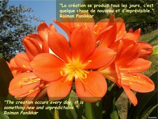 "La création se produit tous les jours, c’est
                                     quelque chose de nouveau et d’imprévisible."
                                     Raimon Panikkar




"The creation occurs every day, it is
something new and unpredictable."
Raimon Panikkar
Janvier 2012         Ouistitis - http://lhumeurdesouistitis.blogspot.com/       8
 