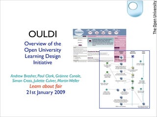 OULDI
        Overview of the
        Open University                                                                  Student                    Student                          Tutor
                                                                                          Tasks                    Resources                         Tasks


        Learning Design
           Initiative
                                                                                Each student selects three
                                                                                        countries


                                                                                                                                      Check resource ok
                                                                                                                                     for Level 1 students
                                                      LO – skills: how to
                                                       collaborate with         Group nominate person to
                                                            others               eliminate multiple entries
                                                                                and agree dispute process
                                                                                                              Library key skills support
                                                                                                                    pack: internet

                                                                                  Find and retrieve data


Andrew Brasher, Paul Clark, Gráinne Conole,
                                                          LO – skills:
                                                                                about these three countries
                                                       searching of data
                                                        and assessing
                                                                                                                      Internet
                                                        quality of data



 Simon Cross, Juliette Culver, Martin Weller                                    Post research to group wiki                                   What method
                                                                                                                                              used to post?
                                                                                                                                            Written / audio etc.
                                                                                                                        Wiki
                                               DONE: What if they



          Learn about fair
                                                need more help?




         21st January 2009
                                                                                                                       Forum
                                                                                                                                           What else could
                                                      DONE: Could                              Rest of group                               tutor be doing?
                                                    nominated person                        Check summary and
                                                    have greater role?                        post comment




                                                                              Each student posts at least one
                                                                            comment on forum about experience
                                                                              of achieving learning outcomes



                                                                                                                                           Tutor reads comments and
                                                                                 Reflect on tutor feedback
                                                                                                                                            gives feedback to group
 