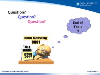 Question?
            Question?
                 Question?         End of
                                   Topic
                                     4




Prepared by Dr Richard Ng (2011)            Page 12 of 12
 