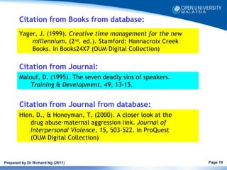 Citation from Books from database:
        Yager, J. (1999). Creative time management for the new
            millennium. (2nd. ed.). Stamford: Hannacroix Creek
            Books. In Books24X7 (OUM Digital Collection)

        Citation from Journal:
        Malouf, D. (1995). The seven deadly sins of speakers.
            Training & Development, 49, 13-15.


        Citation from Journal from database:
        Hien, D., & Honeyman, T. (2000). A closer look at the
            drug abuse-maternal aggression link. Journal of
            Interpersonal Violence, 15, 503-522. In ProQuest
            (OUM Digital Collection)


Prepared by Dr Richard Ng (2011)                                 Page 19
 