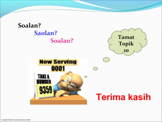Copyright © Open University Malaysia (OUM) 
Terima kasih 
Soalan? 
Saolan? 
Soalan? Tamat 
Topik 
10 
