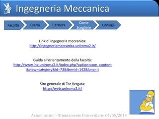 Ingegneria Meccanica
Assomorosini - Orientamento Universitario 04/05/2014
Facoltà Esami Carriera
Come
Scegliere
Consigli
Link di ingegneria meccanica:
http://ingegneriameccanica.uniroma2.it/
Guida all’orientamento della facoltà:
http://www.ing.uniroma2.it/index.php?option=com_content
&view=category&id=73&Itemid=142&lang=it
Sito generale di Tor Vergata:
http://web.uniroma2.it/
 
