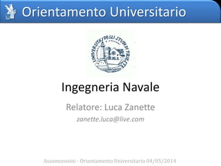 Orientamento Universitario
Ingegneria Navale
Relatore: Luca Zanette
zanette.luca@live.com
Assomorosini - Orientamento Universitario 04/05/2014
 