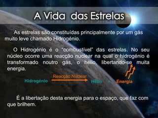 As estrelas são constituídas principalmente por um gás
muito leve chamado Hidrogénio.
O Hidrogénio é o “combustível” das estrelas. No seu
núcleo ocorre uma reacção nuclear na qual o hidrogénio é
transformado noutro gás, o hélio, libertando-se muita
energia.
Hidrogénio
Reacção Nuclear
Hélio + Energia
É a libertação desta energia para o espaço, que faz com
que brilhem.
 
