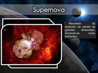 Resultado da
explosão da estrela de
grandes dimensões,
tornando-se muito
brilhantes.
 