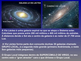 CAMINO DE LECHE




A Vía Láctea é unha galaxia espiral na que se atopa o Sistema solar.
Calcúlase que posúe entre 200 mil millóns e 400 mil millóns de estrelas.
A distancia dende o Sol ata o centro da galaxia é ao redor de 27.700 anos
Luz.

A Vía Láctea forma parte dun conxunto dunhas 30 galaxias chamado
GRUPO LOCAL, á a segunda máis grande (primeira Andrómeda, o resto
Son galaxias máis pequenas).

O Grupo Local intégrase dentro do SUPERCÚMULO DE VIRGO, no seu
centro está o “gran atractor” cara o que diríxese o Grupo Local.
 