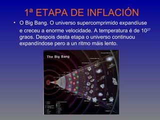 1ª ETAPA DE INFLACIÓN
• O Big Bang. O universo supercomprimido expandíuse
  e creceu a enorme velocidade. A temperatura é de 1027
  graos. Despois desta etapa o universo continuou
  expandíndose pero a un ritmo máis lento.
 