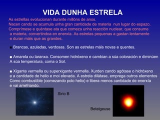 VIDA DUNHA ESTRELA
As estrellas evolucionan durante millóns de anos.
Nacen cando se acumula unha gran cantidade de materia nun lugar do espazo.
Comprímese e quéntase ata que comeza unha reacción nuclear, que consume
a materia, convertindoa en enerxía. As estrelas pequenas a gastan lentamente
e duran máis que as grandes.

■ Brancas, azuladas, verdosas. Son as estrelas máis novas e quentes.

■ Amarela ou laranxa. Consomen hidróxeno e cambian a súa coloración e diminúen
A súa temperatura, coma o Sol.

■ Xigante vermella ou superxigante vermella. Xurden cando agótase o hidróxeno
e a cantidade de helio e moi elevada. A estrela dilátase, emprega outros elementos
Como combustible (comezando polo helio) e libera menos cantidade de enerxía
e vai arrefriando.

                          Sirio B


                                            Betelgeuse
 