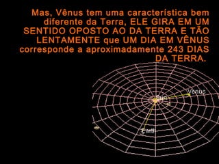 Mas, Vênus tem uma característica bem
diferente da Terra, ELE GIRA EM UM
SENTIDO OPOSTO AO DA TERRA E TÃO
LENTAMENTE que UM DIA EM VÊNUS
corresponde a aproximadamente 243 DIAS
DA TERRA.
 
