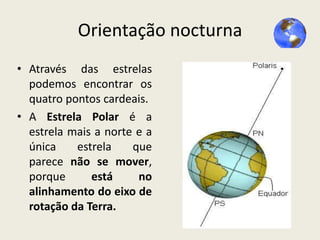 Orientação nocturna
• Através das estrelas
podemos encontrar os
quatro pontos cardeais.
• A Estrela Polar é a
estrela mais a norte e a
única
estrela
que
parece não se mover,
porque
está
no
alinhamento do eixo de
rotação da Terra.

 