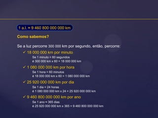 1 a.l. ≈ 9 460 800 000 000 km
Como sabemos?
Se a luz percorre 300 000 km por segundo, então, percorre:
 18 000 000 km por minuto
Se 1 minuto = 60 segundos
é 300 000 km x 60 = 18 000 000 km

 1 080 000 000 km por hora
Se 1 hora = 60 minutos
é 18 000 000 km x 60 = 1 080 000 000 km

 25 920 000 000 km por dia
Se 1 dia = 24 horas
é 1 080 000 000 km x 24 = 25 920 000 000 km

 9 460 800 000 000 km por ano
Se 1 ano ≈ 365 dias
é 25 920 000 000 km x 365 = 9 460 800 000 000 km

 